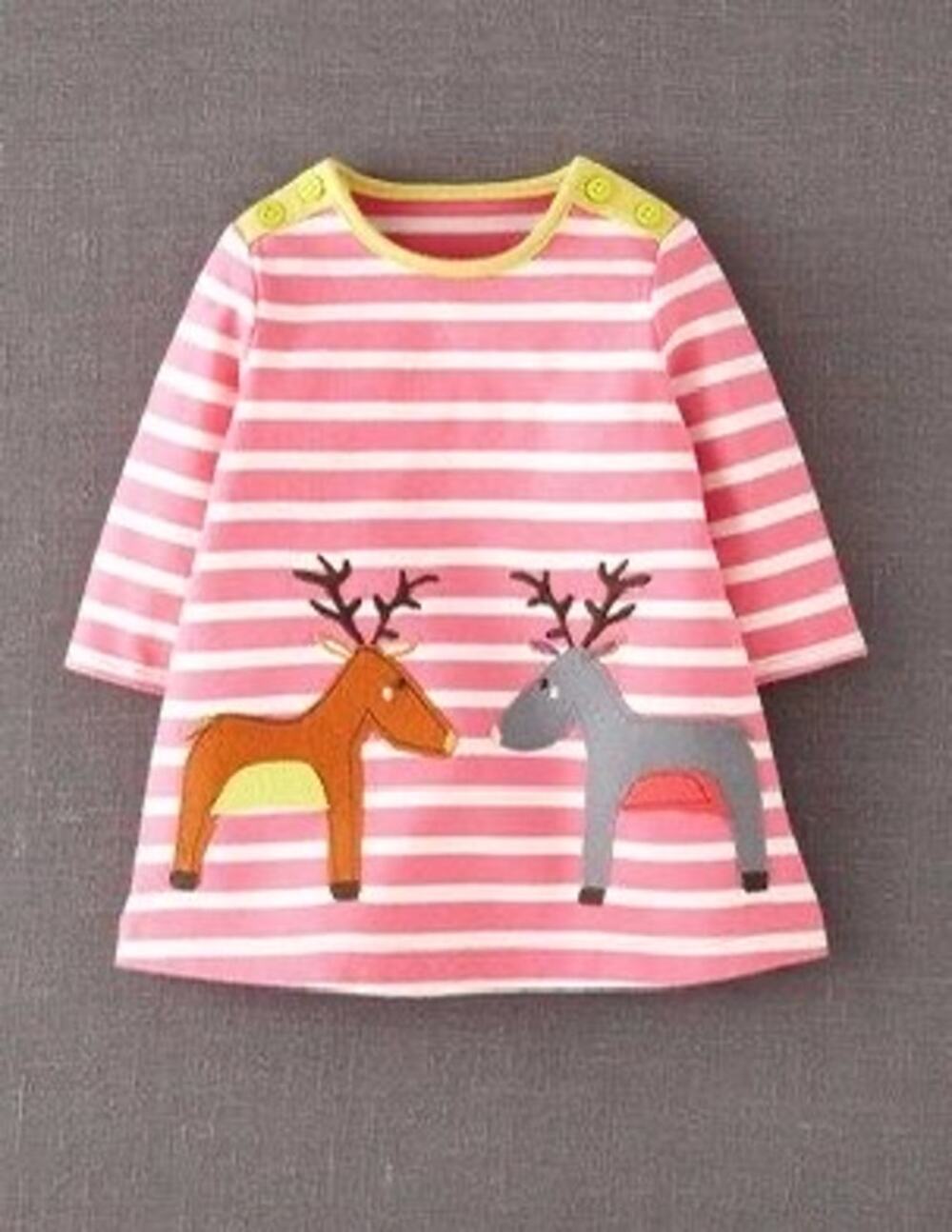 Baby Boden Deer Appliqué Striped Dress - 0-3 Months